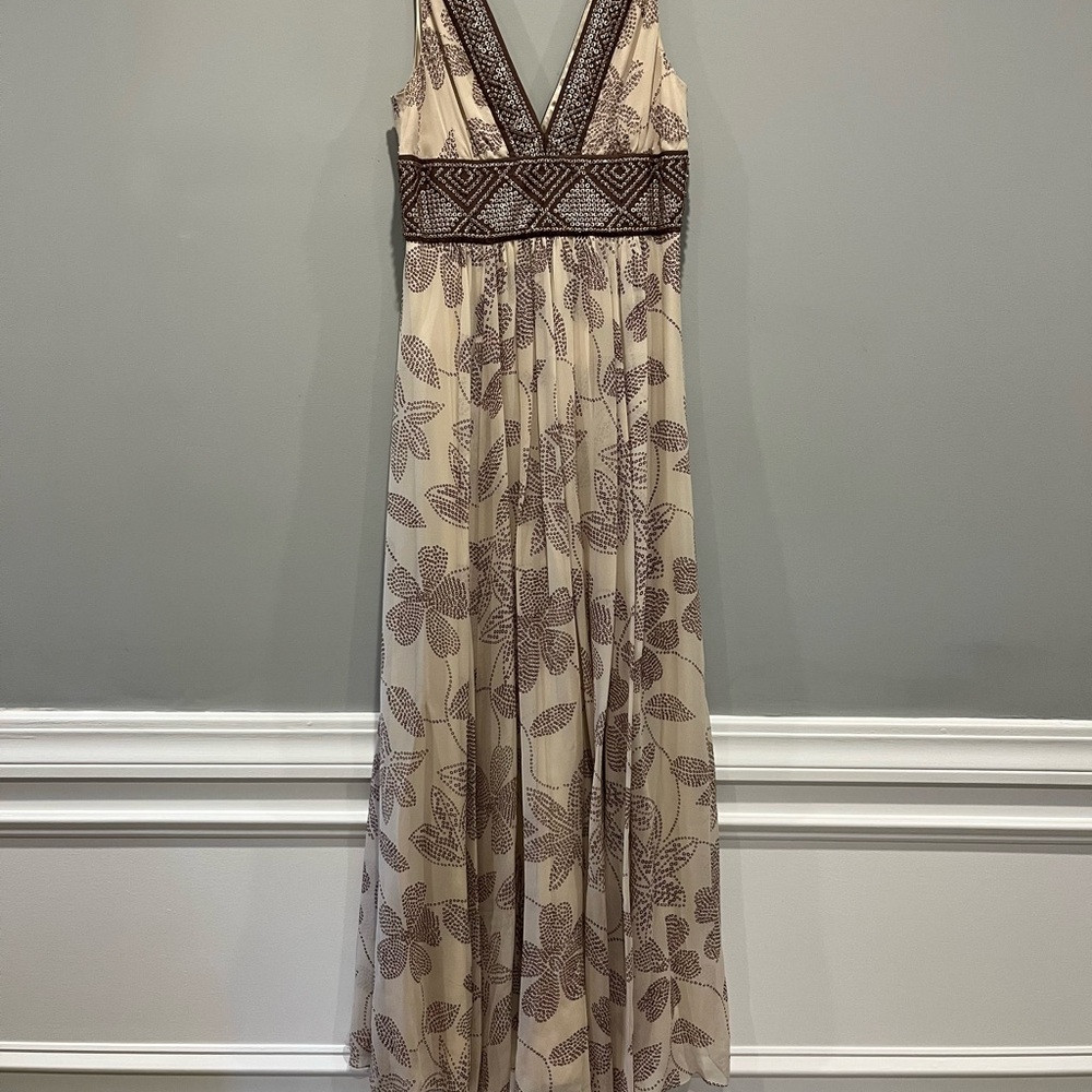BCBG Maxazria Elegant Cream and Brown Maxi Dress - Silk